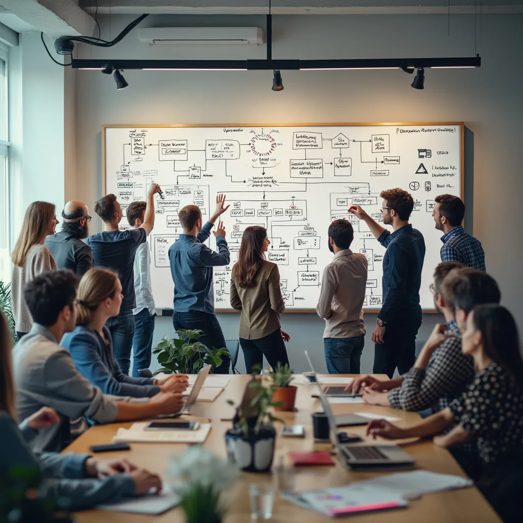 Diverse team brainstorming around a whiteboard filled with diagrams of neural networks and game mechanics.